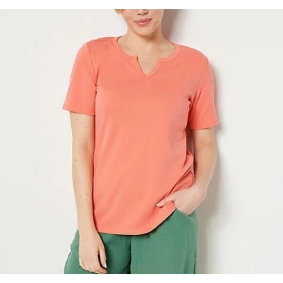 Denim & Co. Blouse Top Interlock ~ Split V Neck sz S Short Sleeve Pink A499580 - Picture 1 of 4
